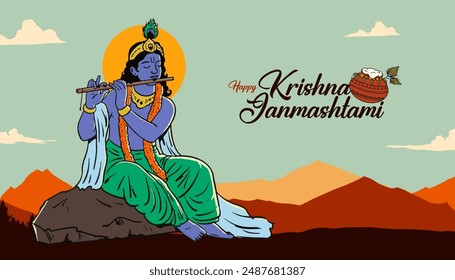 Shree Krishna Vector illustration, Sketch, Drawing with 'Happy Krishna Janmashtami' text and nature Silhouette background