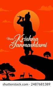 Shree Krishna Vector illustration, Sketch, Drawing with 'Happy Krishna Janmashtami' text and nature Silhouette background