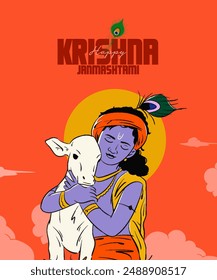 Shree Krishna vector illustration, sketch, vector, Drawing with 'Happy Krishna Janmashtami' Typography layout for social media banner template design 