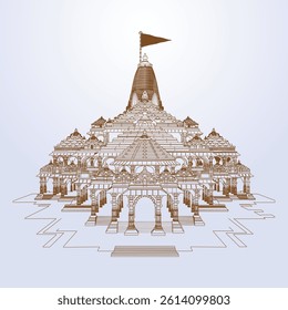 Shree Ram Mandir Ayodhya Line Art Drawing Vector Illustration.