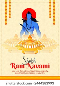 Shree Ram Navami celebration background for religious holiday of India grungy texture decorative illustration of Lord Rama with bow arrow 