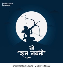 Shree Ram Navami, silhouette of Lord Ram bow arrow in hindi text indian Festival Social media Banner template in Blue background