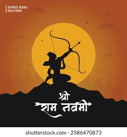 Shree Ram Navami, silhouette of Lord Ram bow arrow in hindi text indian Festival Social media Banner template in yellow background