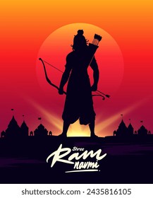 Shree Ram Navami, ilustración vectorial, silueta de Lord Ram arco flecha y Ayodhya Ram templo de fondo 
