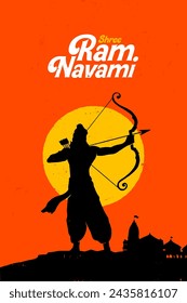 Shree Ram Navami, vector Illustration, silhouette of Lord Ram bow arrow and Ayodhya Ram temple background 
