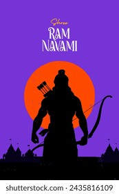 Shree Ram Navami, vector Illustration, silhouette of Lord Ram bow arrow and Ayodhya Ram temple background 
