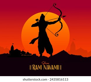 Shree Ram Navami, vector Illustration, silhouette of Lord Ram bow arrow and Ayodhya Ram temple background 
