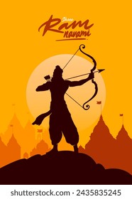 Shree Ram Navami, Vektor-Illustration, Silhouette von Lord Ram Bogen Pfeil und Ayodhya Ram Tempel Hintergrund 
