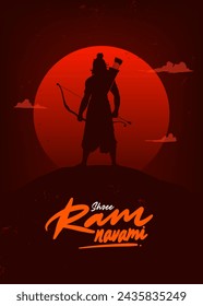 Shree Ram Navami, vector Illustration, silhouette of Lord Ram bow arrow and Ayodhya Ram temple background 
