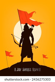 Shree Ram Navami, vector Illustration, the silhouette of Lord Ram bow arrow and Ayodhya Ram temple background, Social media post, Poster, and, Banner design template. 
