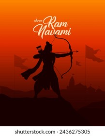 Shree Ram Navami, vector Illustration, the silhouette of Lord Ram bow arrow and Ayodhya Ram temple background, Social media post, Poster, and, Banner design template. 
