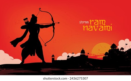 Shree Ram Navami, ilustración vectorial, la silueta de Lord Ram arco flecha y Ayodhya Ram templo de fondo, publicación de redes sociales, póster, y, plantilla de diseño de banner. 
