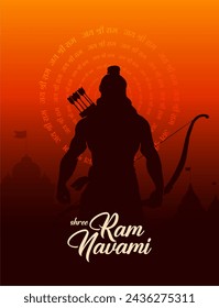 Shree Ram Navami, vector Illustration, the silhouette of Lord Ram bow arrow and Ayodhya Ram temple background, Social media post, Poster, and, Banner design template. 
