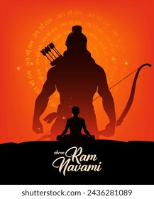 Shree Ram Navami, vector Illustration, the silhouette of Lord Ram bow arrow and Ayodhya Ram temple background, Social media post, Poster, and, Banner design template.