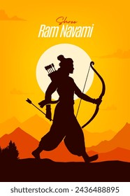 Shree Ram Navami, Vektor-Illustration, die Silhouette von Lord Ram und Natur Hintergrund, Social Media Post, Poster und Banner Design-Vorlage.