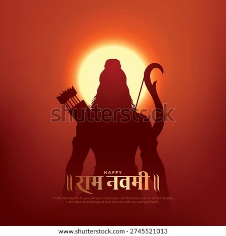 Shree Ram Navami, vector Illustration, silhouette of Lord Rama with bow arrow background, Social media post, Poster and Banner design template. Hindi Translation Meaning "Ram Navami".