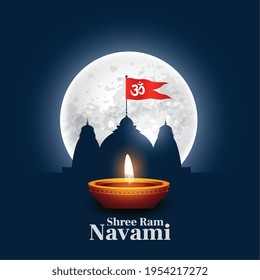 shree ram navami wishes card with temple and diya