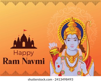 Shree Ram Navmi Marathi, Hindi Calligraphy written text means Shree Ram Navmi with Lord Ram bow arrow and Hindu Temple.