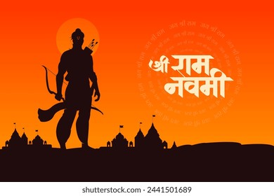 "Shree Ram Navmi" Marathi, Hindi Calligraphy, lettering written text means Shree Ram Navmi with Lord Ram vector illustration and Ayodhya temple 