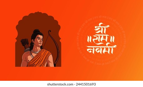 "Shree Ram Navmi" Marathi, Hindi Calligraphy, lettering written text means Shree Ram Navmi with Lord Ram vector illustration and Ayodhya temple 