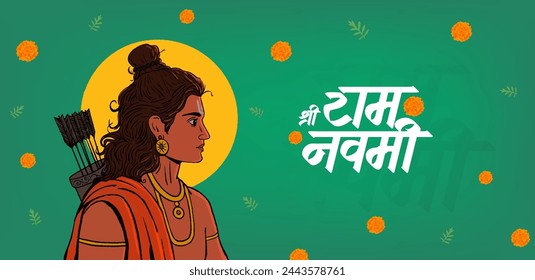 "Shree Ram Navmi" Marathi, Hindi Calligraphy written text means Shree Ram Navmi with Lord Ram vector illustration 