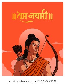 "Shree Ram Navmi" Marathi, Caligrafía hindi significa "Nacimiento de Lord Rama" con el Vector de Shree Ram, ilustración, Plantilla de diseño de Anuncio de medios sociales 