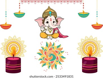 Shri Ganesha, Cute Bal Ganesh für Ganesh Chaturthi und Diwali, mit Diya, Rangoli, Kerzen, hängenden Diyas und Garland Grafiken, festliches Design Perfekt für Feiern und Dekorationen