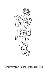 Shri Krishna, Govinda, playing bansuri flute. Elegant silhouette of Vasudeva, hand drawn sketch. Isolated editable design element for prints, decor, web. Part of Hindu Deities Outline series
