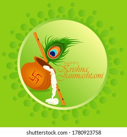 Shri Krishna Janmashtami means Birthday of Lord Krishna. Musical instrument bansuri and peacock feather.