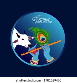 Shri Krishna Janmashtami means Birthday of Lord Krishna. Musical instrument bansuri and peacock feather.
