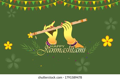 Shri Krishna Janmashtami means Birthday of Lord Krishna. Musical instrument bansuri and peacock feather.