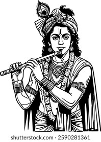 Shri Krishna Vectors Illustrations, krishna janmashtami colour creative line drawing vector illustration, indian Lord Krishna vector illustration