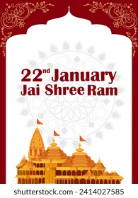 Shri Ram Janmbhoomi Teerth Kshetra Ayodhya Inaugration ceremony 22nd January celebration India holiday background. Vector illustration