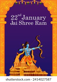 Ceremonia de la Inaugración Shri Ram Janmbhoomi Teerth Kshetra Ayodhya 22 de enero, celebración de los antecedentes de la fiesta en la India. Ilustración del vector