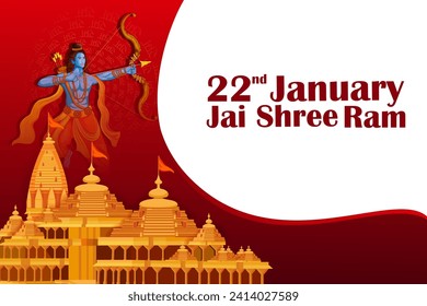 Shri Ram Janmbhoomi Teerth Kshetra Ayodhya Inaugration ceremony 22nd January celebration India holiday background. Vector illustration