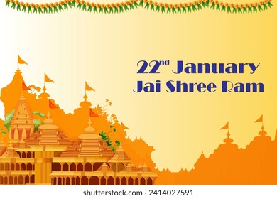 Shri Ram Janmbhoomi Teerth Kshetra Ayodhya Inaugration ceremony 22nd January celebration India holiday background. Vector illustration