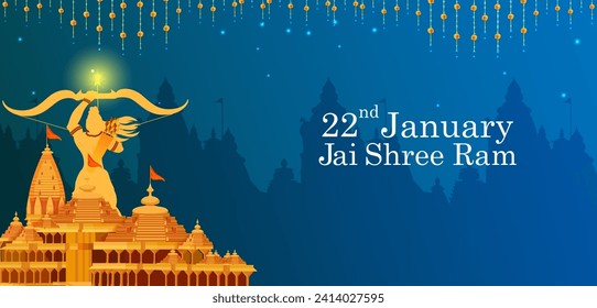 Ceremonia de la Inaugración Shri Ram Janmbhoomi Teerth Kshetra Ayodhya 22 de enero, celebración de los antecedentes de la fiesta en la India. Ilustración del vector