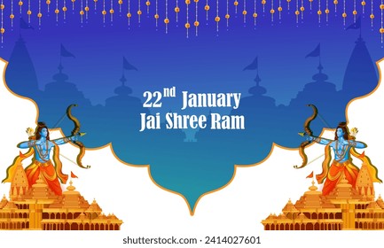 Ceremonia de la Inaugración Shri Ram Janmbhoomi Teerth Kshetra Ayodhya 22 de enero, celebración de los antecedentes de la fiesta en la India. Ilustración del vector