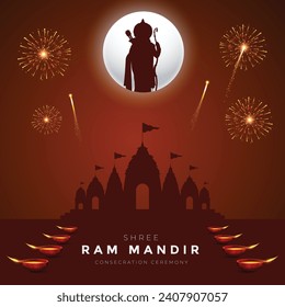 Shri Ram Mandir Ayodhya Consecration Ceremony Greeting Card and Post Design. Birth Place of Lord Rama with Fireworks and Celebration.