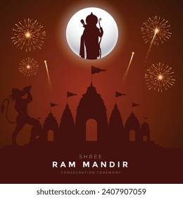 Shri Ram Mandir Ayodhya Consecration Ceremony Greeting Card and Post Design. Birth Place of Lord Rama with Fireworks and Celebration.