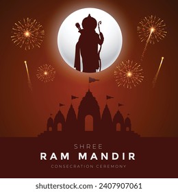 Ceremonia de consagración Shri Ram Mandir Ayodhya Tarjeta de felicitación y Diseño de publicaciones. Lugar de nacimiento de Lord Rama con fuegos artificiales y celebración.