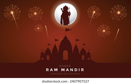 Ceremonia de consagración Shri Ram Mandir Ayodhya Tarjeta de felicitación y diseño de pancartas. Lugar de nacimiento de Lord Rama con fuegos artificiales y celebración.