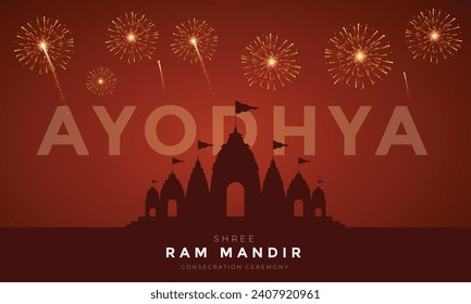 Ceremonia de consagración Shri Ram Mandir Ayodhya Tarjeta de felicitación y diseño de pancartas. Lugar de nacimiento de Lord Rama con fuegos artificiales y vectores de celebración Ilustración