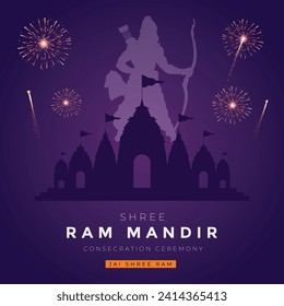 Ceremonia de consagración Shri Ram Mandir Ayodhya Tarjeta de felicitación y Diseño de publicaciones. Lugar de nacimiento de Lord Rama con fuegos artificiales y vectores de celebración Ilustración