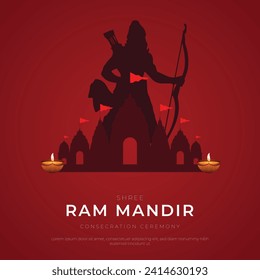 Ceremonia de consagración Shri Ram Mandir Ayodhya Tarjeta de felicitación y diseño de pancartas. Lugar de nacimiento de Lord Rama con fuegos artificiales y celebración. ilustración vectorial.