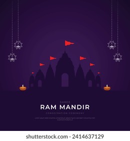 Ceremonia de consagración Shri Ram Mandir Ayodhya Tarjeta de felicitación y diseño de pancartas. Lugar de nacimiento de Lord Rama. ilustración vectorial.