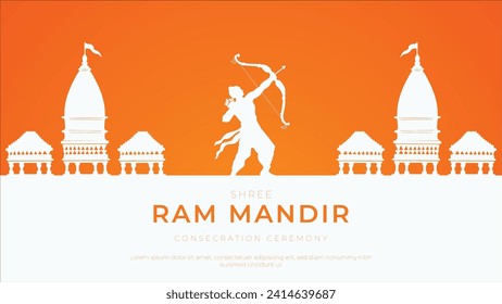 Ceremonia de consagración Shri Ram Mandir Ayodhya Tarjeta de felicitación y diseño de pancartas. Lugar de nacimiento de Lord Rama. ilustración vectorial.