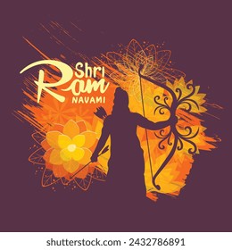 Shri Ram Navami celebration background for religious festival of India grungy texture decorative illustration of Lord Rama with bow arrow with text Shri Ram Navami