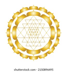 Shri Yantra, hohle, schöne Dreiecke, Lotus golden mystische Diagramm mandala die "Königin der Yantras", einzeln auf weißem Hintergrund. Göttliche männliche und göttliche weibliche Einheit.