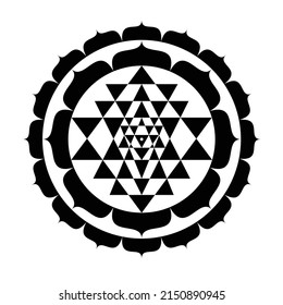 Shri Yantra nice triangles, lotus black mystical diagram the “queen of yantras”, isolated on white background. Sri Yantra forms a unity between the divine masculine and divine feminine. svg